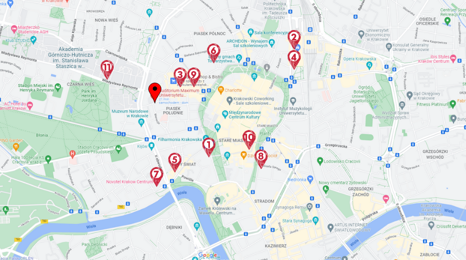Mapa Krakowa z zaznaczonymi hotelami. Komplet informacji w tekście