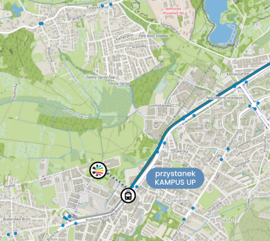 Mapka dojścia do Centrum SOLARIS z przystanku tramwajowego Kampus UP.