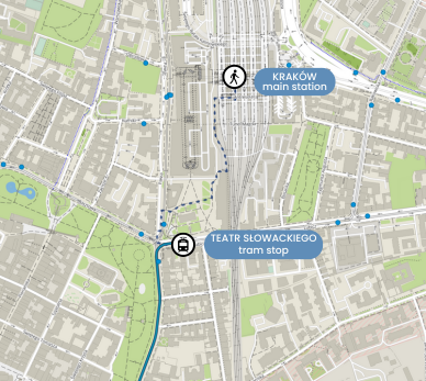 Map showing the walking route from Kraków Główny Main Station to the tram stop Teatr Słowackiego.