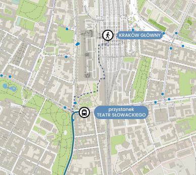Mapa dojścia z dworca głównego na przystanek tramwajowy Teatr Słowackiego.