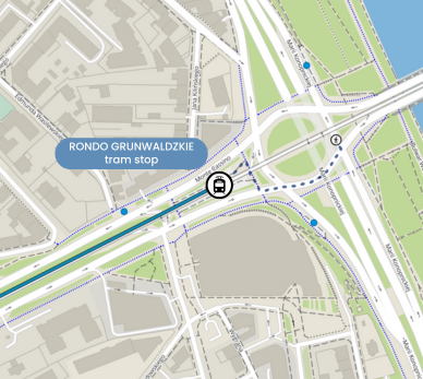 Map showing the location of the tram stop at Rondo Grunwaldzkie in the direction of Czerwone Maki.