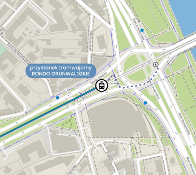 Mapka usytuowania przystanku tramwajowego na Rondzie Grunwaldzkim na Rondzie Grunwaldzkim w kierunku Czerwonych Maków.
